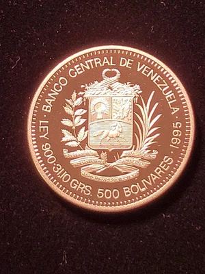 VENEZUELA 500 BOLIVARES SILVER PROOF CROWN 1995 SUCRE BICENTENNIAL GEM CAMEO - Image 1 of 2