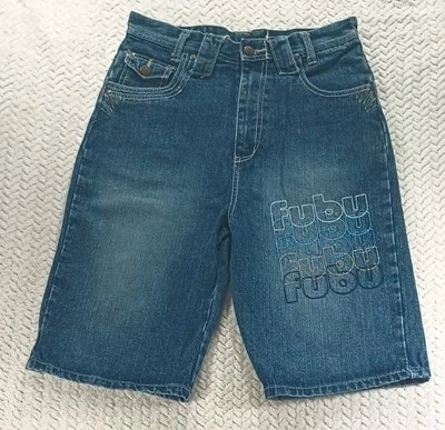 Pantalones Cortos Vaqueros FUBU Talla 18 Niños Bordados Deletrear Logo Tiro Alto Foto 1 de 4