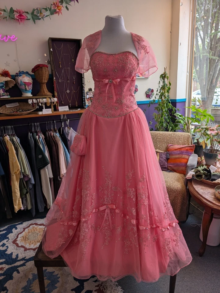 Bubblegum Pink Tulle Quincenera Corset Back Party Ballgown Prom Dress - Image 1 of 4