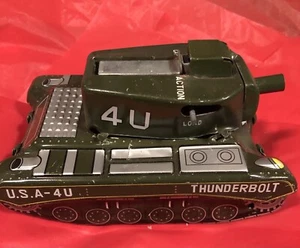 Vintage THUNDERBOLT TANK Tin Toy Friction USA-4U Army Cap Action-See Pics/Detail - Picture 1 of 5