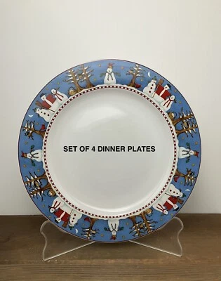 "Juego de 4 platos de cena Debbie Mumm 11"" borde muñeco de nieve Sakura vacaciones 1998 vintage" Foto 1 de 4