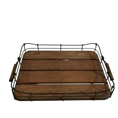 Vtg. 13"x17" Rectangular Wood Serving Tray with Metal Handles Brown/Metal Hearth - Image 1 of 4