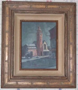 GEORGE KOUNTOUPIS OLD VILLAGE TOWN SQUARE JEEP OIL PAINTING ART WWII ERA EUROPE - Picture 1 of 5