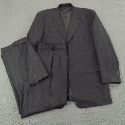 Loro Piana Suit 50L Super 120s Charcoal Windowpane Pleated Cuffed 38x34 Trouser - Image 1 of 4