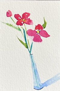 Original Watercolor Signed Painting. Simple Floral. Flowers. Vase ACEO