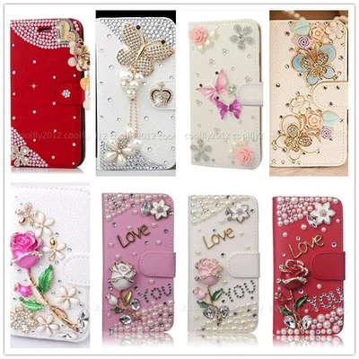 Women Bling Flip Leather Diamonds slots Wallet Rhinestones Phone Cases Cover - Image 1 of 4