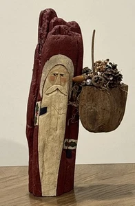 Folk Art Wood Hand Carved Woodland Santa W/Sack 13” Rustic Primitive 1993 Signed - Picture 1 of 21