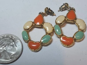 Pale Turquoise Orange Beige resin Bead Circle Dangle Earrings Gold tone Pierced - Picture 1 of 11