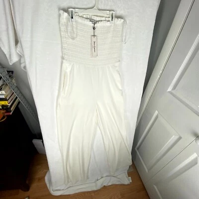 Juicy Couture Smocked Velour Jumpsuit Women's Medium Cream Soda Stretch Pockets - Image 1 of 4
