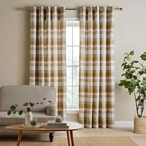 Catherine Lansfield Cotton Thermal Check Curtains Lined Eyelet Top 66x90" Ochre - Picture 1 of 4