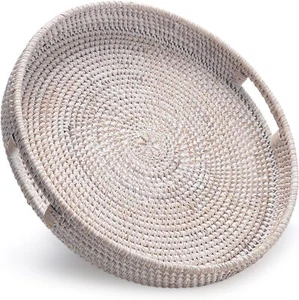 13.8" Round Woven Rattan Tray with Handles, Whitewash - Picture 1 of 10