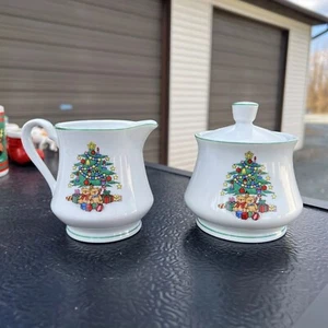 Hand Decorated Porcelain Sugar/Creamer Set Made in Japan - Christmas Tree Scene - Picture 1 of 7