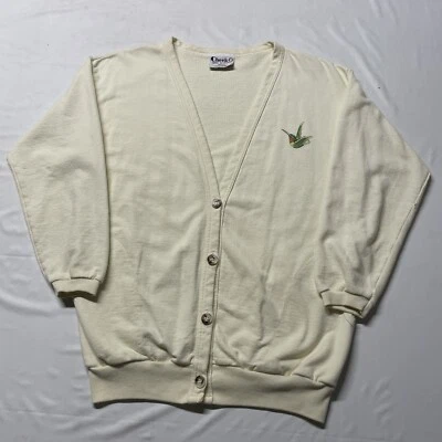 Vintage 90s Cardigan Sweater Women’s Medium Tan Hummingbird Art 80s USA Made - Image 1 of 4