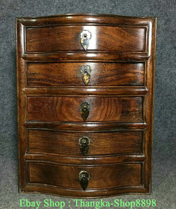 Caja de almacenamiento de 5 cajones para tallar madera Huanghuali pera amarilla china antigua de 12" Foto 1 de 4