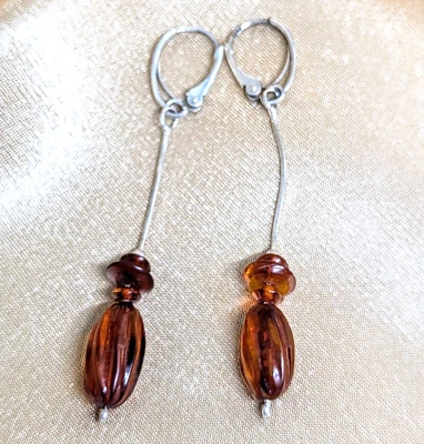 Brincos de âmbar natural pendurados soltos gotas de alavanca cor conhaque folheados a prata - Imagem 1 de 4