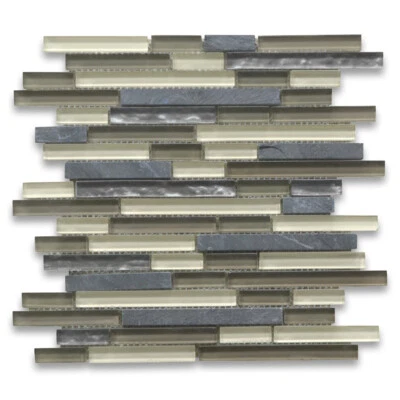 A77004 Glass Mosaic Tile Tan Beige Grey Glass Mix Gray Slate Random Brick - Image 1 of 4