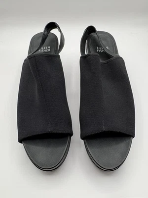 NEW Eileen Fisher Black Stretch Peep Toe Slingback Platform Wedge Heels 9M  $225 - Image 1 of 4