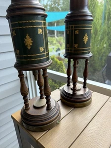 Vintage Pair Wood Column Table Lamps With Leather And Gold Leaf Library Office - Picture 1 of 9