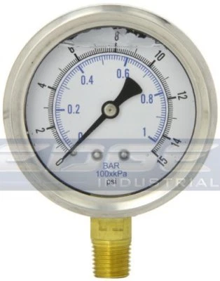 LIQUID FILLED PRESSURE GAUGE 0-15 PSI, 2.5" FACE, 1/4" NPT LOWER MOUNT WOG - Image 1 of 4