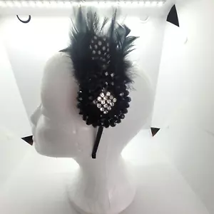 Vintage Headband Feather Beaded Black Blue Green Pretty Gatsby - Picture 1 of 5