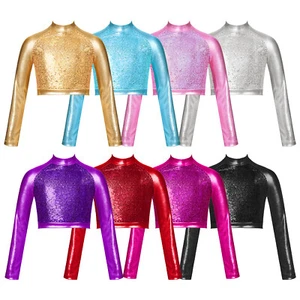 Girls Crop Top Mock Neck T-shirt Exercise Blouse Gym Dance Hip Hop Tee Shinny - Picture 1 of 90