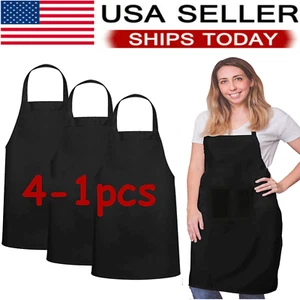 Solid Cooking Kitchen Restaurant Bib Apron Unisex Dress Black with 2 Pocket 1-4 - Picture 1 of 7