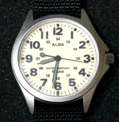 SEIKO ALBA Military Field Watch AQPK401 White Full Luminous Black Strap Japan - Image 1 of 4