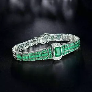 14k White Gold Plated Silver Lab Created Emerald Men's Tennis Bracelet - Picture 1 of 6