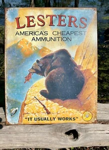 Lester's Ammo Vintage Metal Tin Sign Wall Decor Garage Man Cave Home Under $20 - Picture 1 of 5