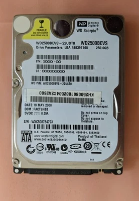 Western Digital WD SCORPIO WD2500BEVS-22UST0 250GB SATA 2.5" Hard Drive 5400 RPM - Image 1 of 4
