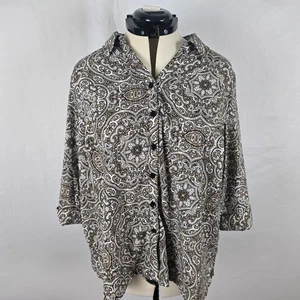 Catherines Blouse Womens 1X Petite Brown White Paisley Buttons Roll Tab Sleeve - Picture 1 of 15