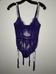 Victoria's Secret 32C/34B GARTER Body Teddy Neon VIOLA LUCIDO CINTURINO pizzo - Foto 1 di 9
