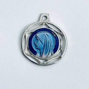 French Antique Religious Medal  Saint Virgin Mary Small Blue Enamel Pendant 16mm - Picture 1 of 7