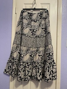 Style & Co Boho Full Tiered Maxi Skirt Pull On Black/Beige Paisley Pattern SZ L - Picture 1 of 6