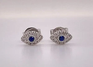 Dainty 14K White Gold Natural Diamond & Blue Sapphire Evil Eye Stud Earrings - Picture 1 of 5