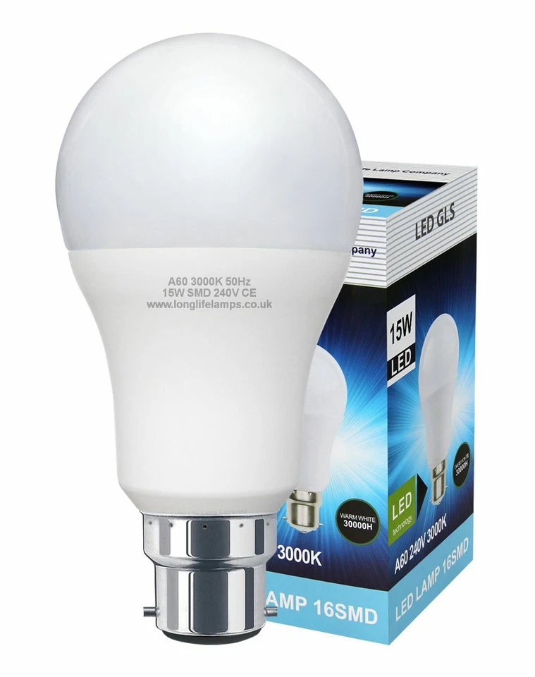 LONG LIFE LAMP COMPANY 15W GLS LED Light Bulb B22 Bayonet Very Bright 15w = 135w Warm White A60