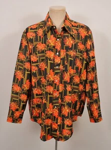 Men's VTG 70s Black & Orange Floral Polyester Shirt Sz XL 1970s Disco - Picture 1 of 5