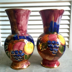 Old Court Ware J. Fryer Ltd 2 x Lustre Vases Fruit Design Collectable 18cm Tall - Picture 1 of 7