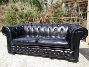 Chesterfield Sofa Black Leather Large Seats 3 MCM Quality Free Delivery - Picture 1 of 14