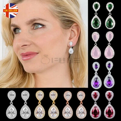 Shining Elegance CZ Stone Halo Teardrop Dangle Drop Earrings Gold Plated Jewelry - Image 1 of 4