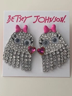 Betsey Johnson Ghost Shaky Fringe Pink Bow Heart Drop Earrings Crystal Halloween - Image 1 of 4