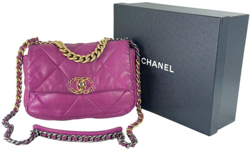 Borsa a tracolla CHANEL 19 patta orchidea viola pelle di agnello trapuntata maglia catena
