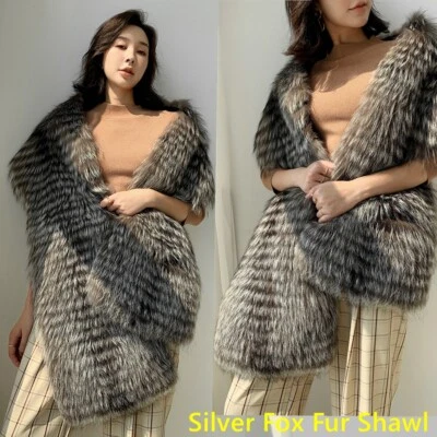 Women Shawl 100% Real Fox Fur Scarf Shawl Scarves & Wraps Cardigan Neck Warmer - Image 1 of 4