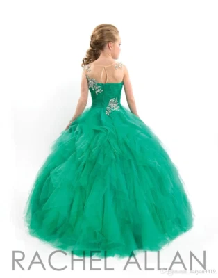 Teens Girls Pageant Dresses Neck Long Sleeve Beades Ruffles Floor Length - Image 1 of 4