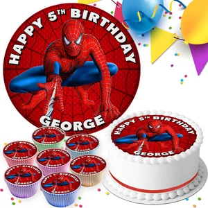 SPIDERMAN PERSONALISED BIRTHDAY PARTY EDIBLE CAKE TOPPER & CUPCAKE TOPPERS SV704 - Picture 1 of 8