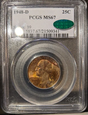 1948-d PCGS CAC MS-67 MS67 Washington Quarter Nice Toning Bright Lustrous OBH - Image 1 of 2