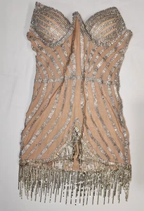 Bella Barnett Style! Luxury Rhinestone Tassel Tan/Silver Mini Bodycon Dress Sz L - Picture 1 of 4