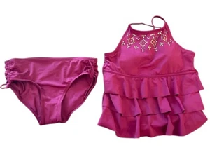 Justice Sz 16 Girl's 2 Piece Maroon Burgundy Jeweled Swimsuit Swim Bathing Suit - Picture 1 of 12