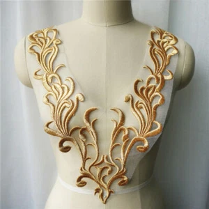 Gold Lace Dress Appliques Sew On Patches For Wedding Clothing Embellishments DIY - Picture 1 of 3