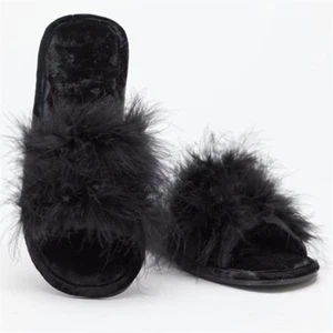 Ladies Velvet Feather Slip On Slippers - Black - Picture 1 of 5